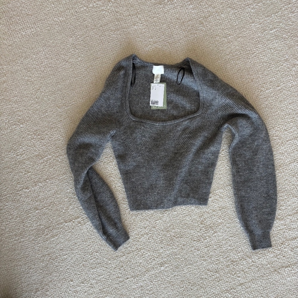 Grey cropped square necked sweater NWT